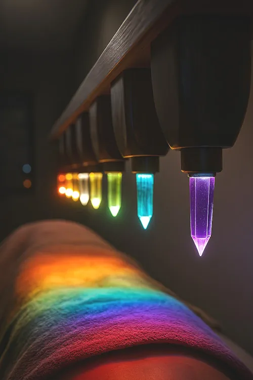 Soin énergétique avec lit de cristal pour un rééquilibrage des chakras et une immersion énergétique complète.